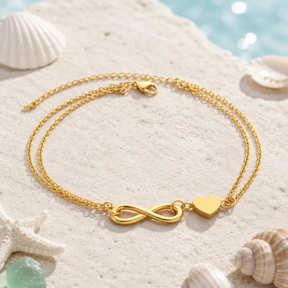 Stainless Steel Gold Plated Double Layer Infinity Heart Anklet for Women Non‑Fading Minimalist Adjustable Foot Chain Fashion Bea