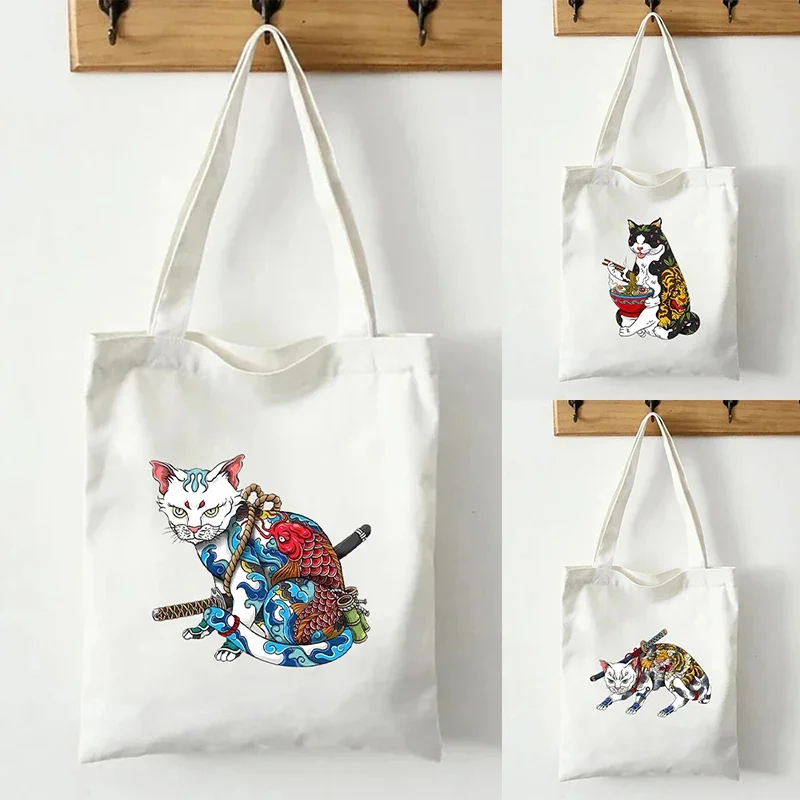 Fish Cat Retro Canvas Tote Bag Organizer New Travel Large Capacity Multipurpose Shoulder Bag Eco-friendly Reusable Shopping Bags