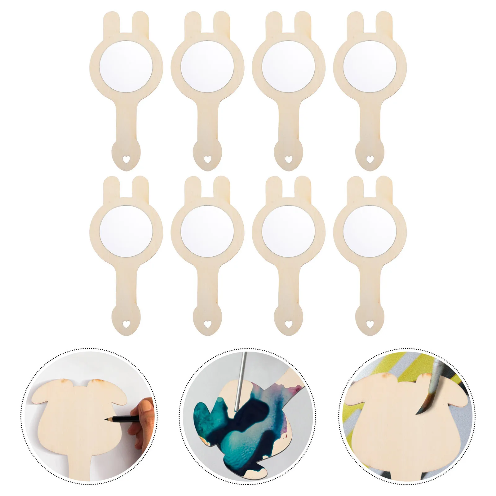 

8Pcs DIY Printing Wood Mirror Kit Children's Handheld Mirror Craft Set for Girls Dressing Table Decorative Accessory Supply
