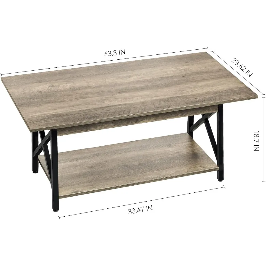طاولة قهوة حديثة كبيرة مقاس 43 بوصة مع مساحة تخزين لغرفة المعيشة، تصميم XFrame، طاولة قهوة على طراز المزرعة، حل موفر للمساحة