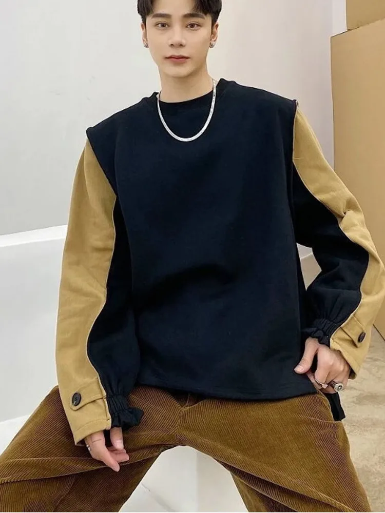 Sweatshirt Premium Men's Casual Black Khaki Colorblock Corduroy Sleeve High End Minimalist Streetwear Pullover Top ZRW5