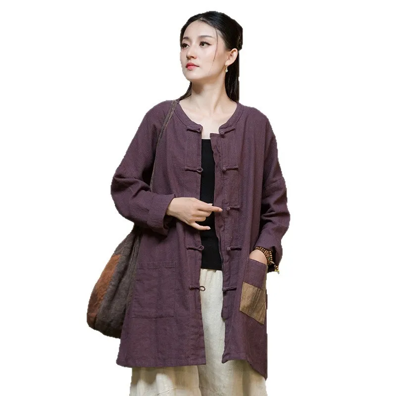 Fall 2025 original ramie linen open-front coat. Zen-Nomad style artistic women's outerwear.