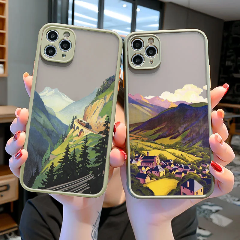 Aesthetic Art Painted Mountain Scenery Phone Case for iphone 16 X XR XS MAX 7 8 Plus SE2 11 12 13 14 15 Pro Max Shell back Cover