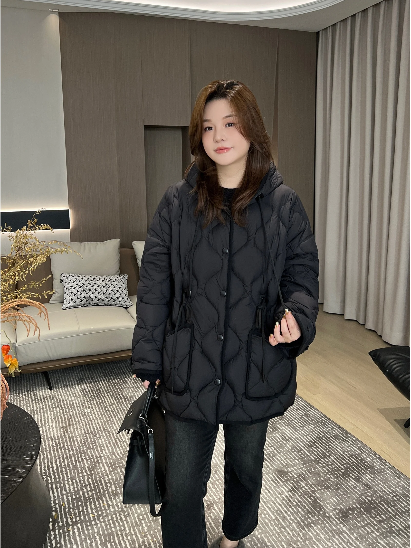 

High Densi White Goose down Puffer Jaet with Hood Diamond Pattern Large Size Winter Coat for Women Casual Sle Thiened...