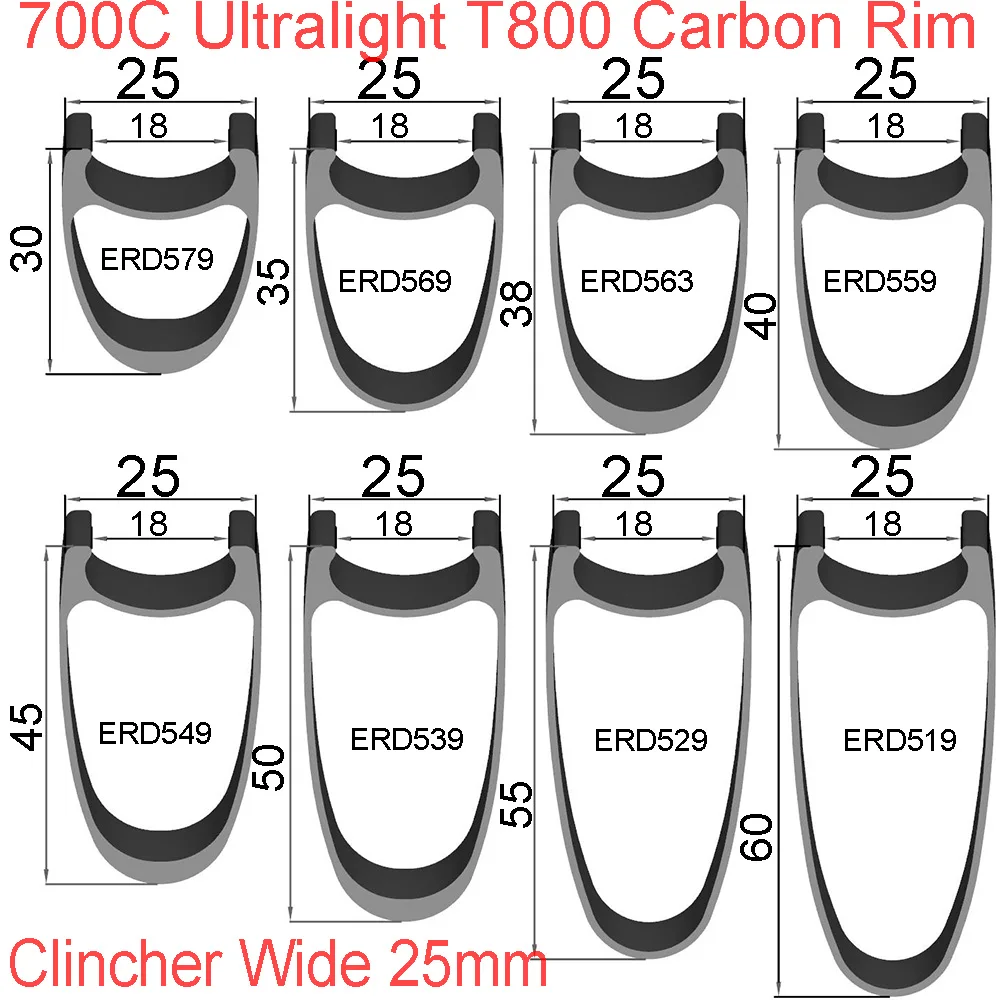 [WBC25RCT]25mm Wide 700C Depth 30 35 38 40 45 50 55 60mm Road Bicycle Rim Tubeless Clincher Tubular Super Light Carbon Road rims