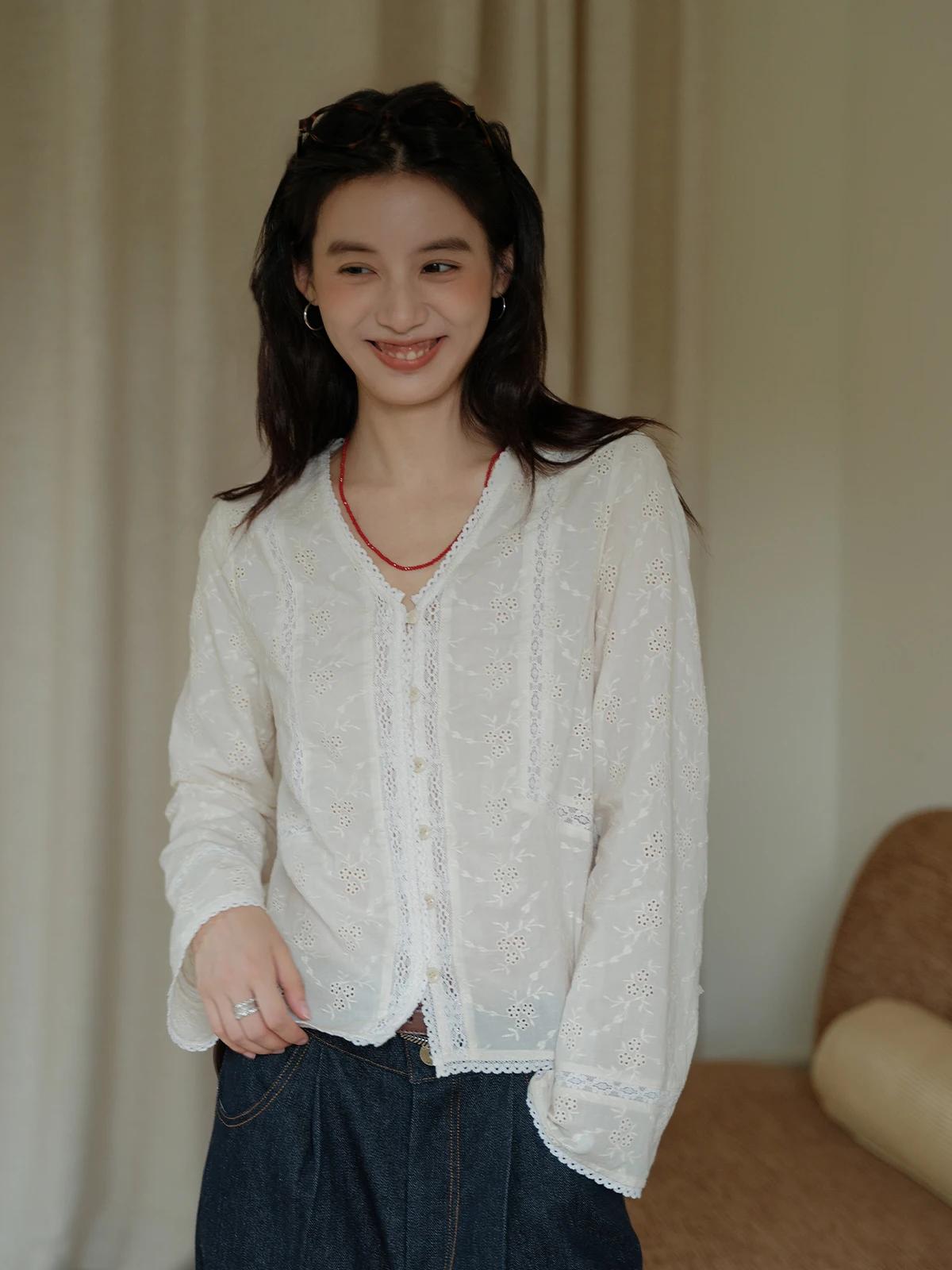 

Женская премиум-рубашка Botanique Pltion из 100% хлопка с кружевными вставками, свободного кроя, с длинными рукавами, в французском стиле