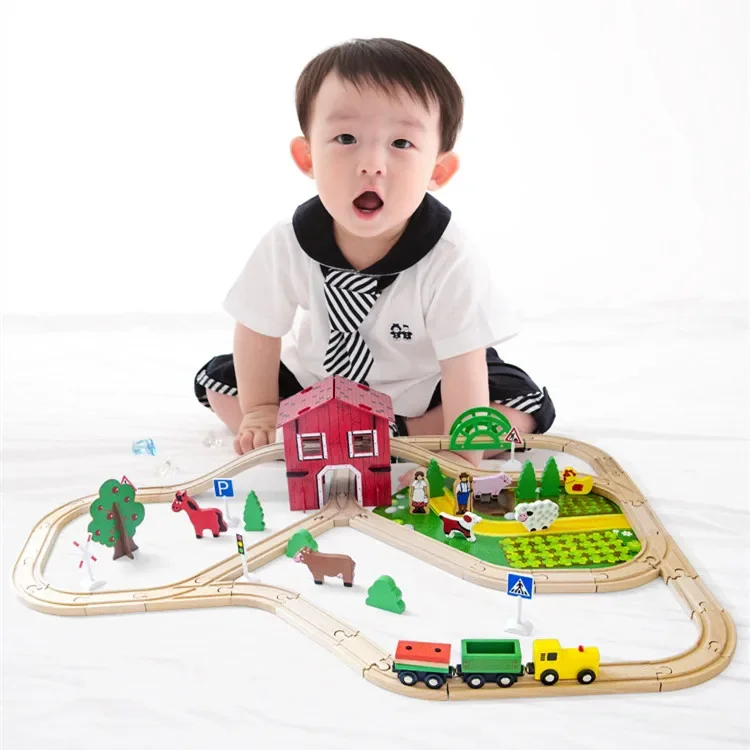 [Funny] Wooden DIY assembly simulation animal farm Rail train model cars building blocks education toys baby best birthday gift