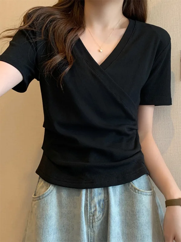 Elegant V-Neck Short Sleeve T-Shirt Women's Summer Slimming Asymmetrical Cotton Korean Style Commute Fashion Breathable