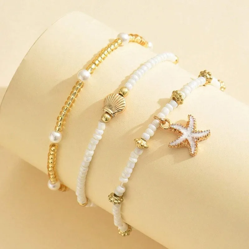 Summer Bohemian Style Starfish Shell Millet Bead Ankle Chain Three-Layer Set Beachy Elegant Foot Jewelry Accessory