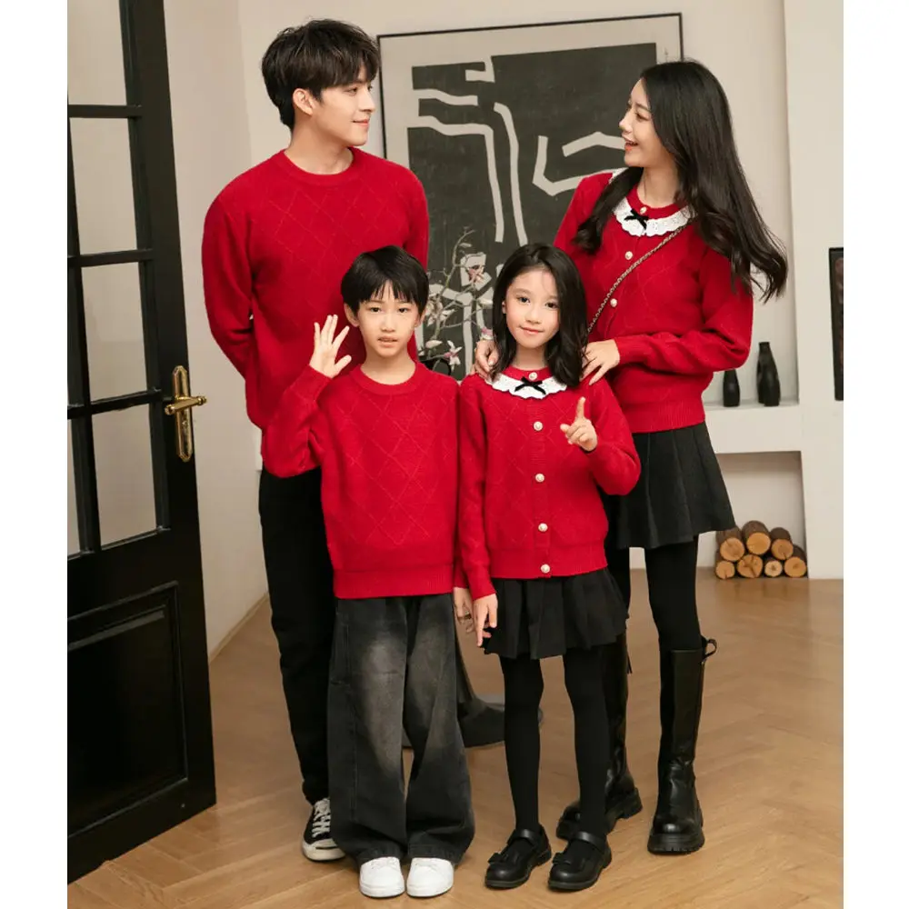 Red Family Matching Sweater Men's Round Neck Pullover Women's Cardigan Kids Knitwear Couple Outfit Parent Child Matching Clothes
