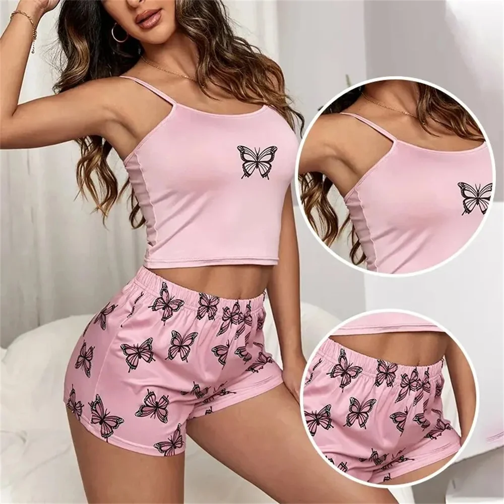 Two Piece Women\'s Suspender Printed Butterfly Round Neck Camouflage Top Paired with Shorts Women\'s Casual Pajama Set