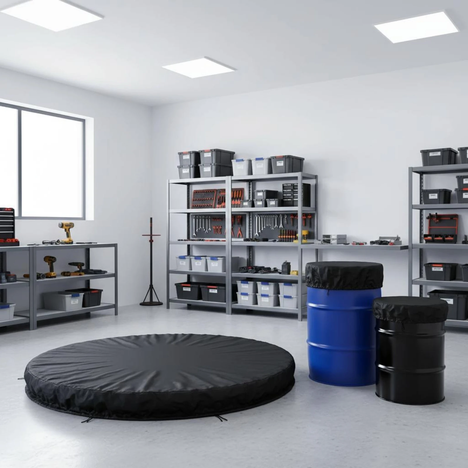 Round Barrel Cover Elasticized Rim Fitted Barrel Cover Round Drum Lid Protector Black Outdoor Storage Drawstring Closure