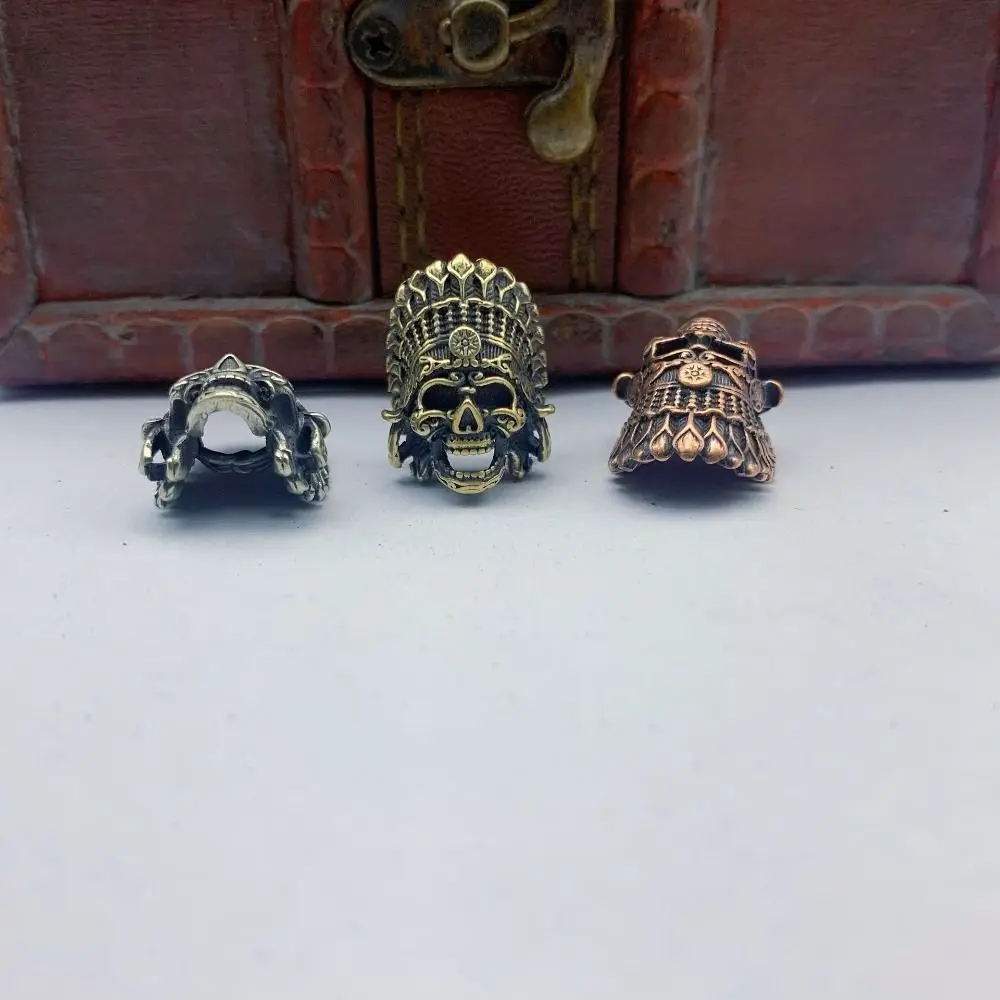 African Tribal Chieftain Brass EDC Skeleton Pendant Crown Manual Brass Crown Skull Beads Creative Copper Umbrella Rope