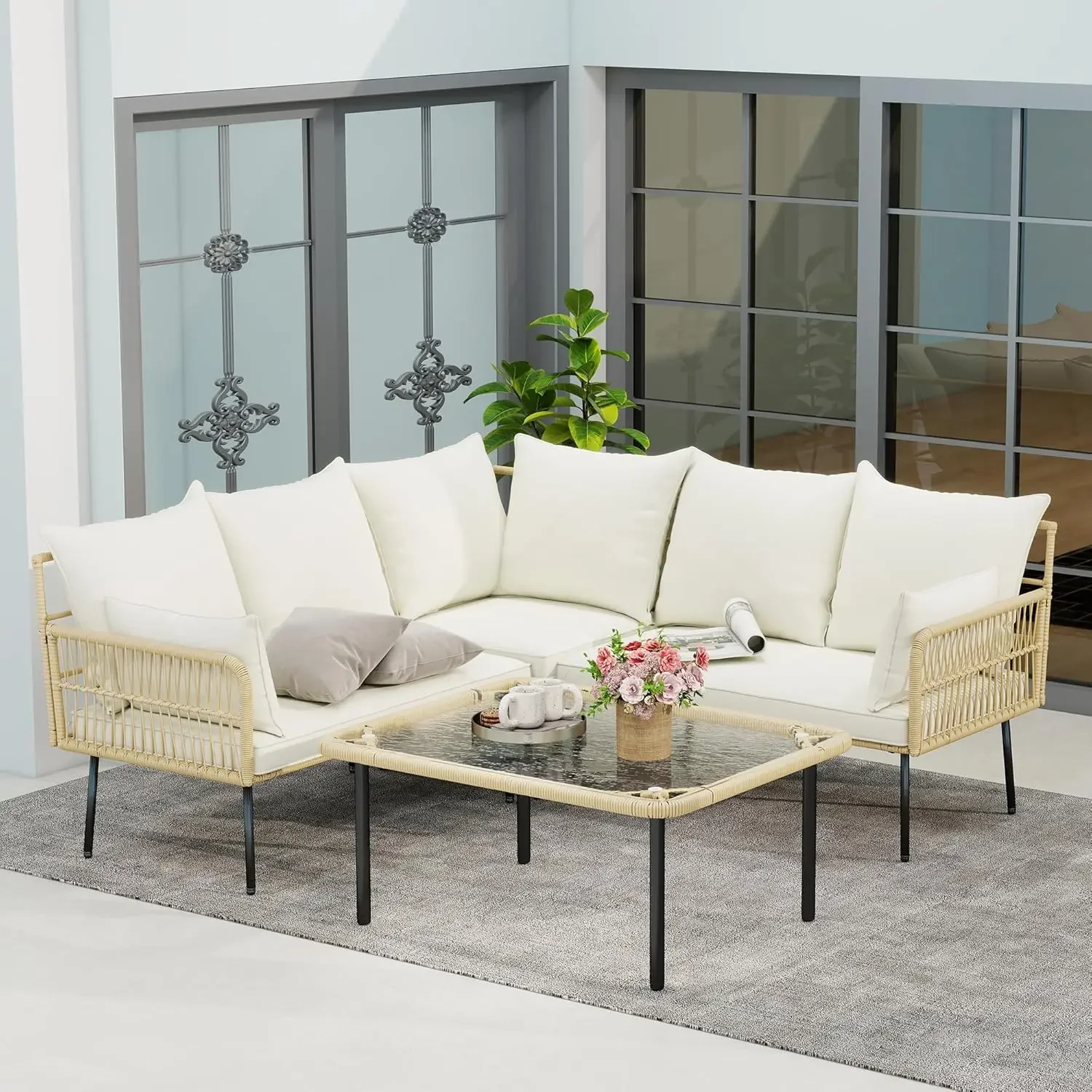 

Patio Furniture Set, Outdoor All-Weather Rattan Patio Sectional Couch Set, Boho Outdoor Sofa Set with Water Resistant Thick