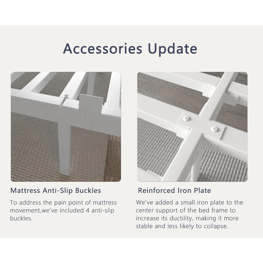 إطار سرير معدني أبيض بحجم كوين مع ارتفاع 12 بوصة، لا يتطلب صندوق زنبركي، هيكل فولاذي عالي التحمل يدعم ما يصل إلى 350