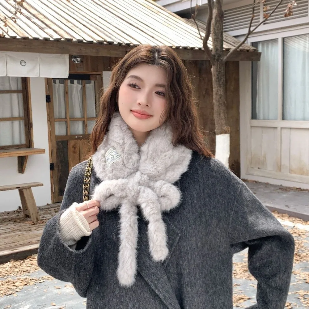 Sweet Thickened Warm Faux Fur Scarf Lace-up Soft Snood Scarf Furry Pure Color Neck Warmer Scarf Winter