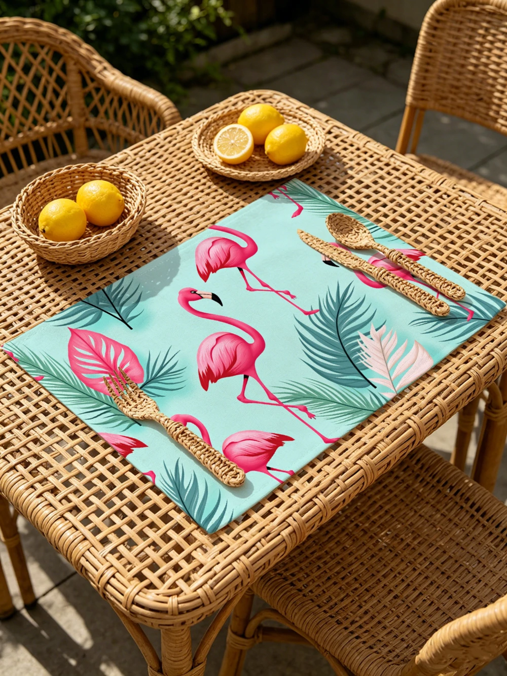 Printed Placemats for Dining Table Kitchen Holiday Parties Pink Flamingo Tropical Leaf Print