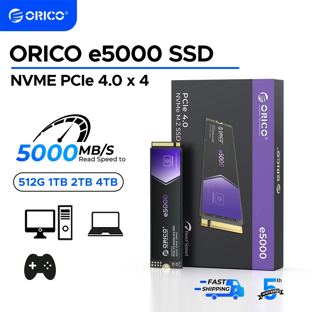 ORICO 1TB PCIe Gen4 5000MB/s NVMe M.2 2280 Internal Solid State Drive ynamic SLC Cache 3D NAND for PS5 Laptops PC Desktops e5000