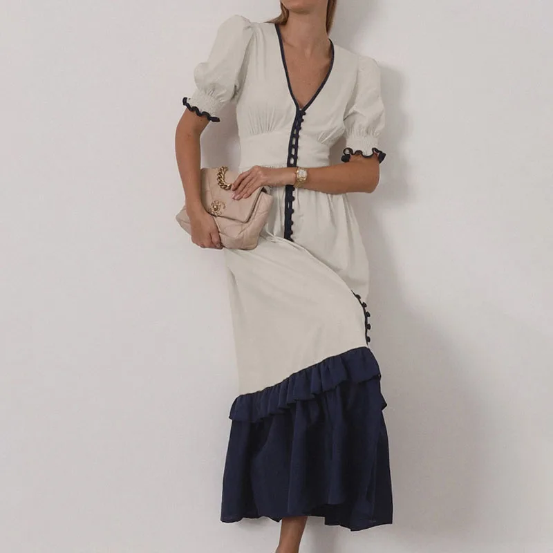 

2025 linen contrast cardigan dress design sense lotus leaf sleeve temperament waist-hugging slit long skirt club clothing Vestid