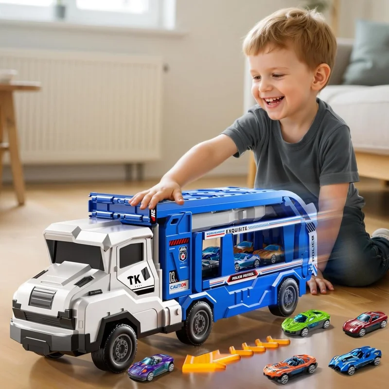 รถของเล่นแบบรางคู่พร้อมรถแข่งโลหะผสม 6 คัน ชุดรถบรรทุกขนส่งพร้อมฟังก์ชันปล่อยและเลื่อน เหมาะสำหรับเป็นของขวัญคริสต์มาสสำหรับเด็ก