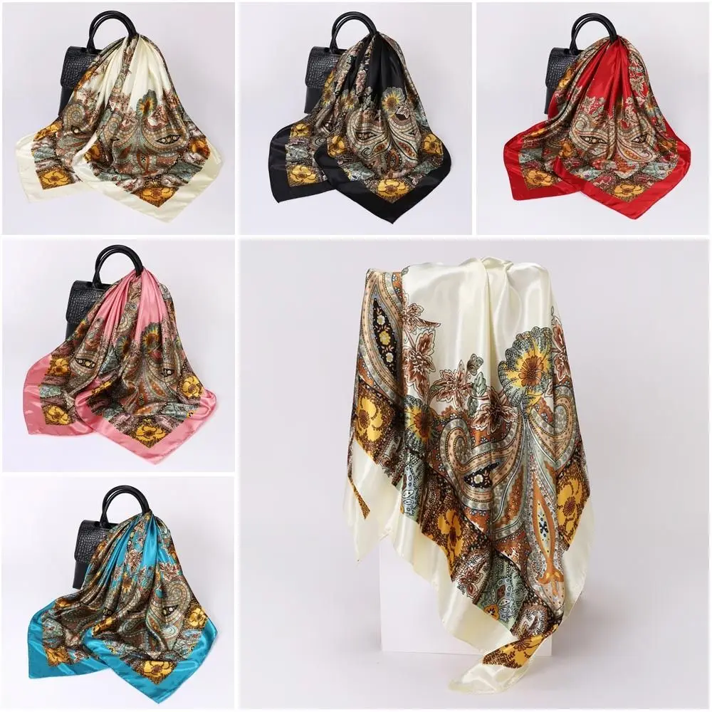 

90x90cm Women Imitation silk Silk Scarf Cashew Pattern Sun-Resistant Bandana Breathable Smooth Headkerchief Women