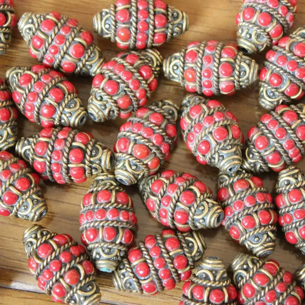 BD262 Tibetan Brass Inlaid Red Mini Glass Beads For Jewelry Making Diy Accessories 4 pieces Lot