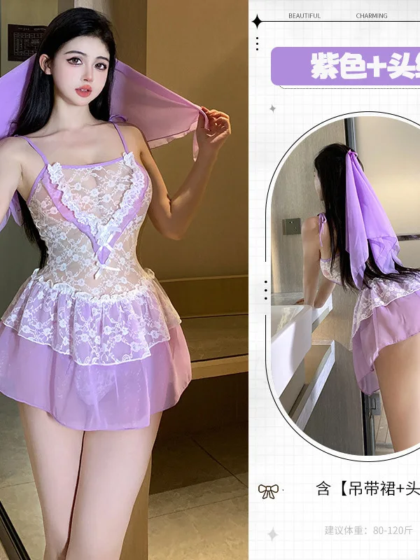 ドレスパープルミニセクシーなランジェリーレースメッシュ薄手の透明スリム背中の開いたブライダルドレスエレガントな甘い韓国女性 2023 トップス V1GJ