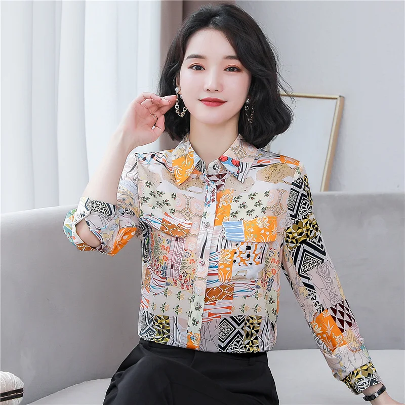 Chic Floral Print 100% Silk Shirts Women\'s Blouse Casual Loose Long Sleeve Lapel OL Satin Party Shirt Female Fashion Tops S-3XL