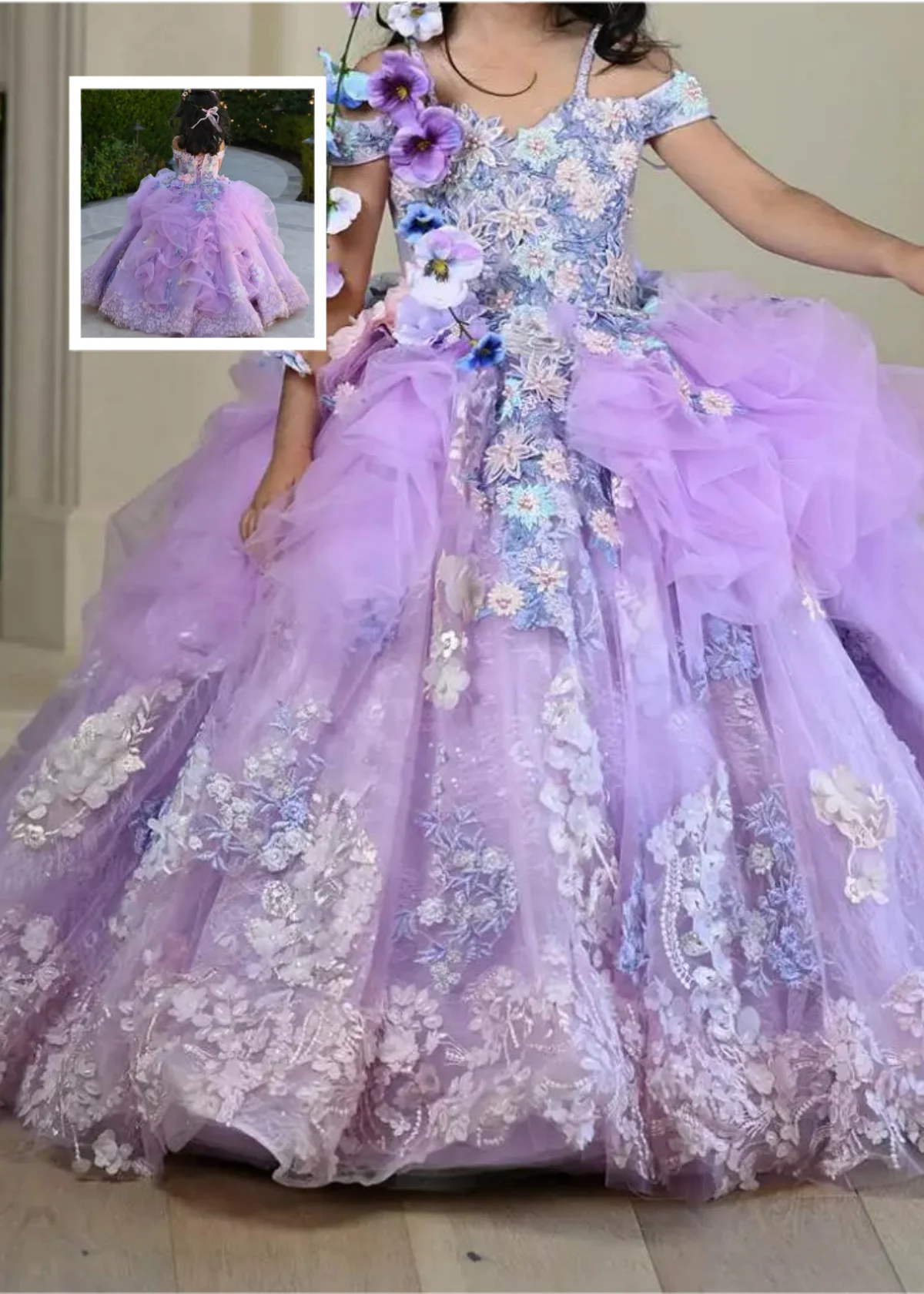 

Lilac Fairy Flower Girl Dress Lace Appliques Pleats Gorgeous Lace Up Off The Shoulder Dress Birthday First Communion Party Gowns