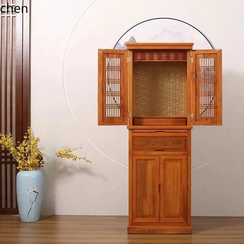 D10 Solid Wood Buddhist Shrine With Door For Taiwan Guanyin Bodhisattva Guan Gong God Of Wealth Standing Cabinet Shrine