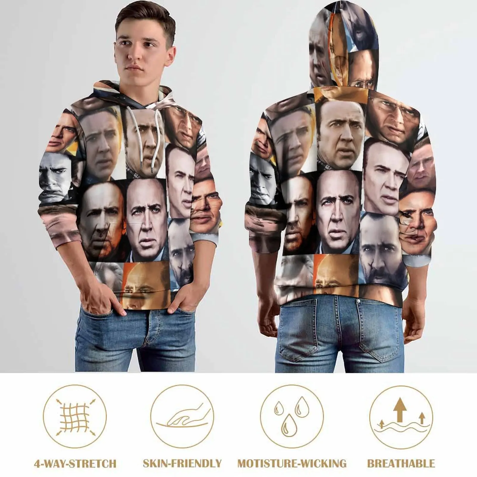 Nicholas Cage Faces Hoodies Nick Cage Street Fashion Casual Hoodie Long Sleeve Cute Graphic Hooded Sweatshirts Large Size