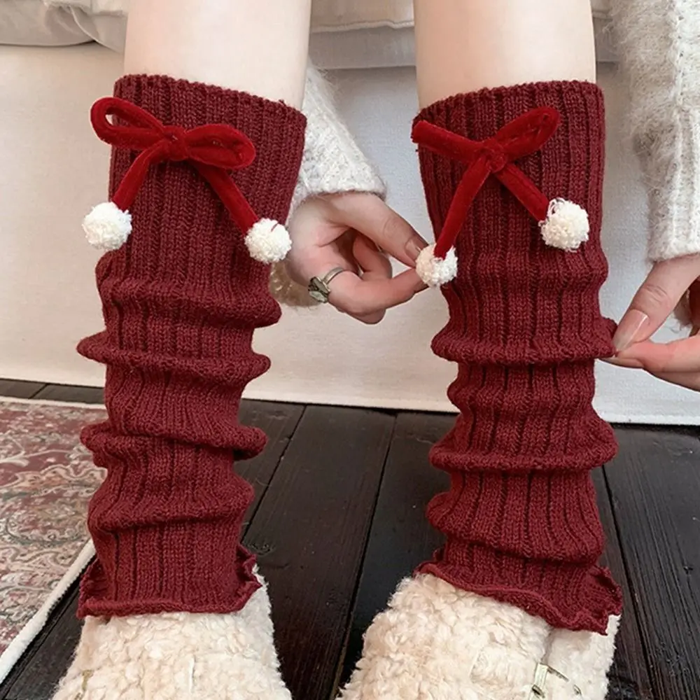 

Harajuku Cartoon Knitted Leg Warmers Middle Tube Bow Design Lolita Boots Cover 38cm Breathable Warm Knee Sleeve Autumn Winter