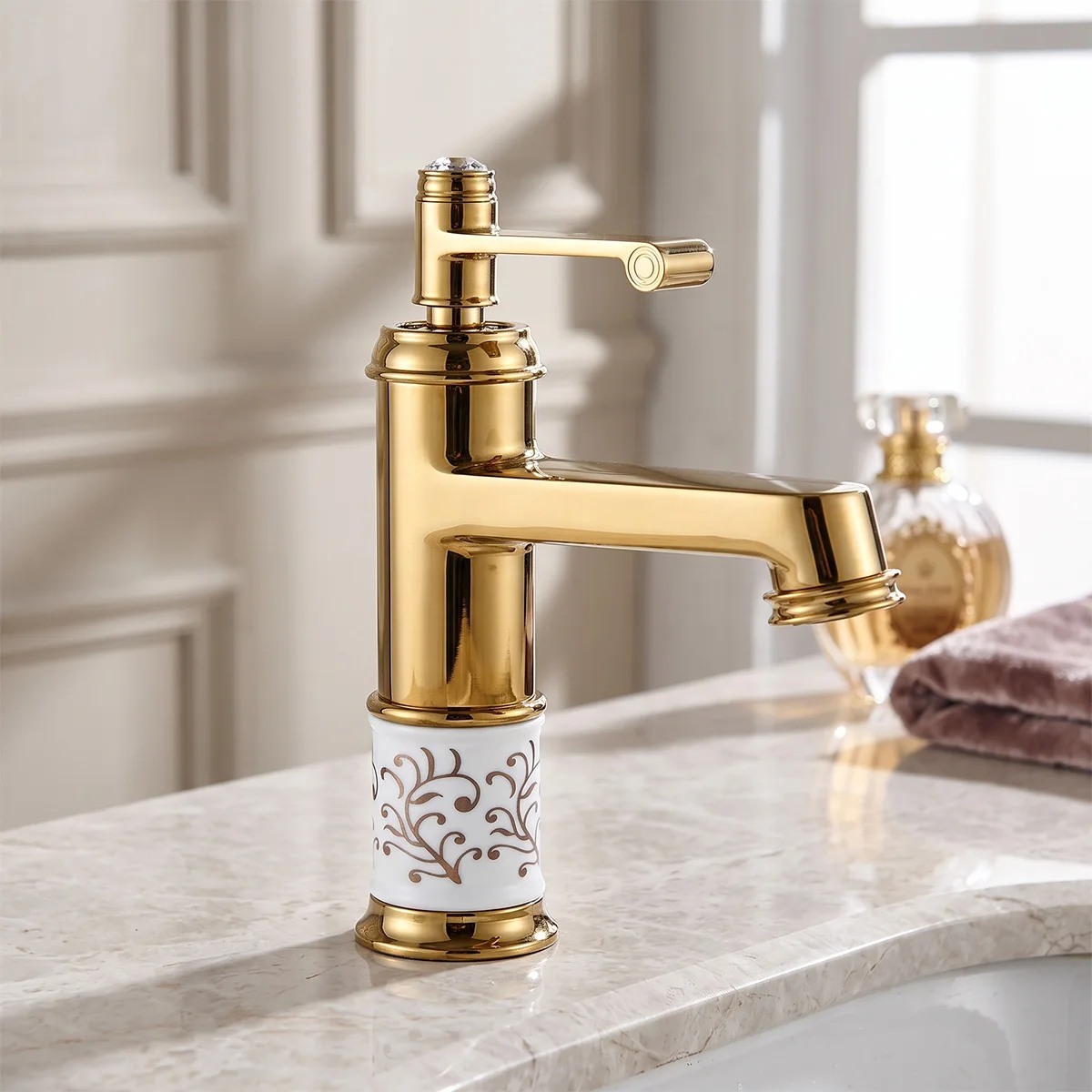 Deck Mount Bathroom Basin Mixer Tap Single Lever Hot Cold Water Faucet European Style With Embossed Porcelain Ornament Gold & Ch