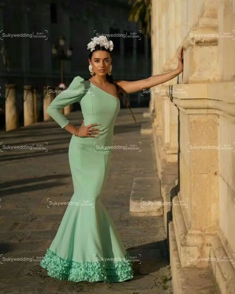 Green Mermaid Flamenco Prom Dresses One Shoulder Long Sleeves Mesh Retro Palace Dancing Spain Trumpet Evening Occasion Gown