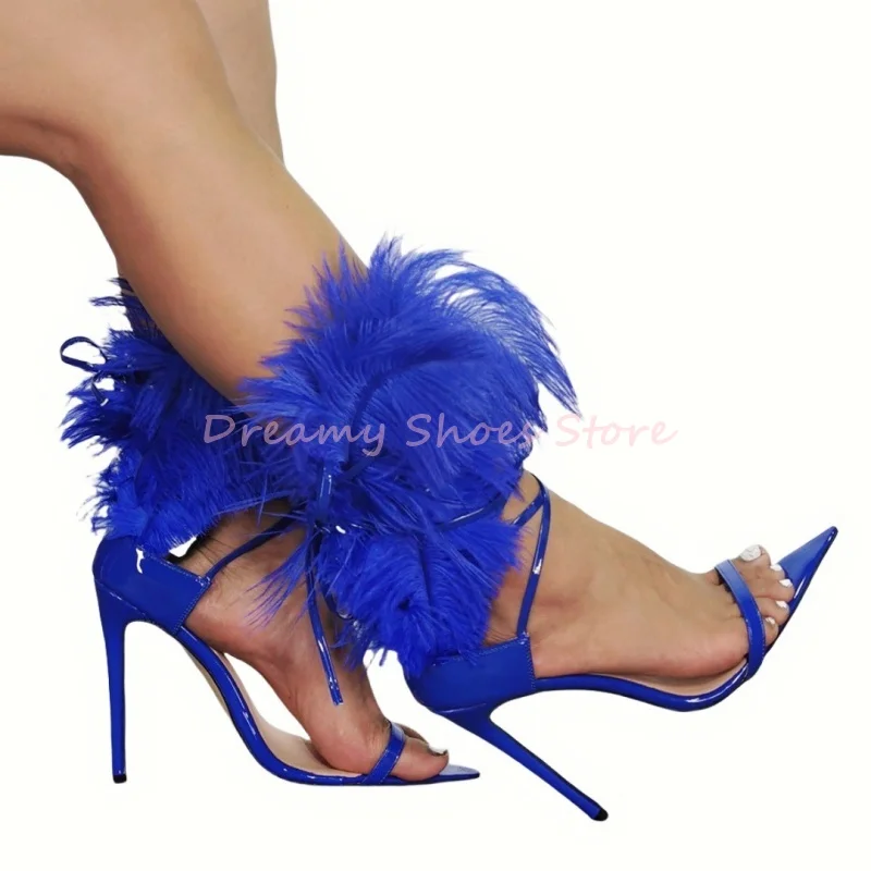Blue Cross Strap Feather Decor Pointed Toe Sandals Women Back Zipper One Strap Thin High Heels Elegant Fashion Party Lady Shoes