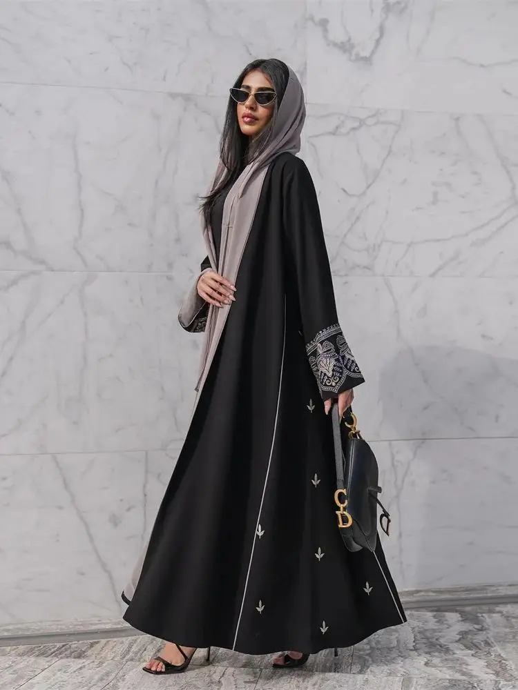 Ramadan Eid Black Embroidery Open Modest Abaya Dubai 2024 Summer Muslim Kimono Abayas For Women Kaftan Dresses Islamic Clothing