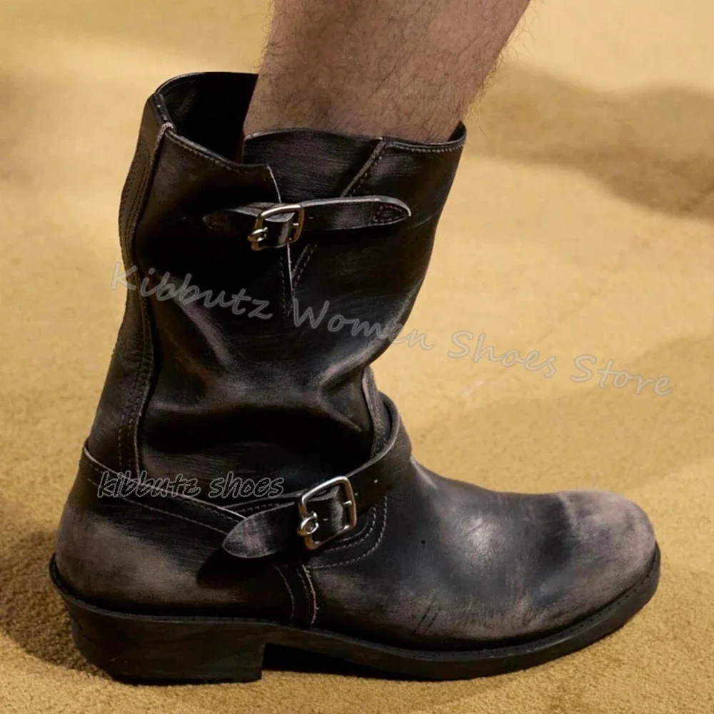 

Vintage Cowboy Ankle Boots Luxury Leather Elegant Concise Fashion Solid Color Slip-On Women Shoes Newest Round Toe Chunky Heels