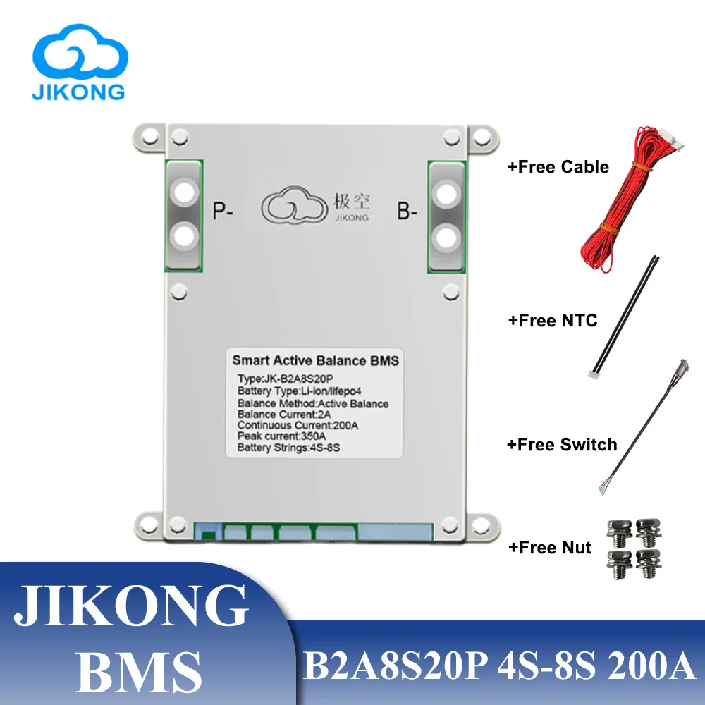 JIKONG BMS 스마트 액티브 밸런스, 리튬 이온 LiFePo4 LTO 캠핑 전기 자전거용 블루투스, JK B2A8S20P, 2A, 4S, 5S, 6S, 7S, 8S, 200A, 12V, 24V