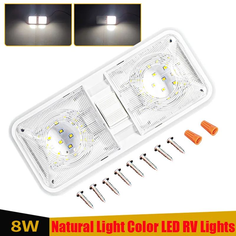 

12V 8W RV LED Ceiling Double Dome Light with Switch Natural White 4500K Interior Reading Lights for Car RV Trailer Camper Boat