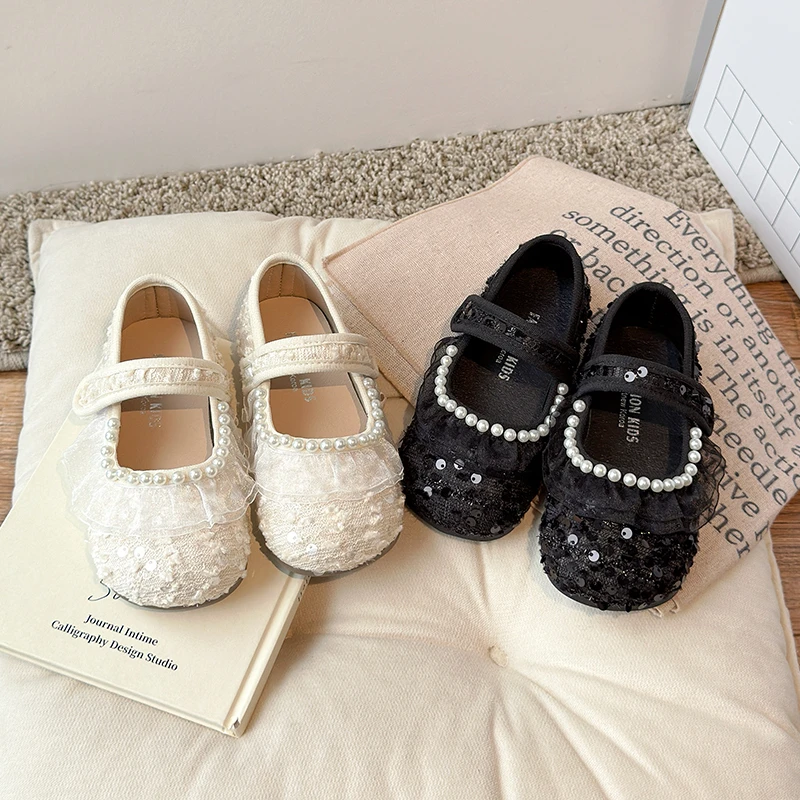 

Children's Leather Shoes Spring Autumn Elegant Lace Princess Shoes for Girls Sweet Beading Kids Causal Wedding Party Flat Shoes