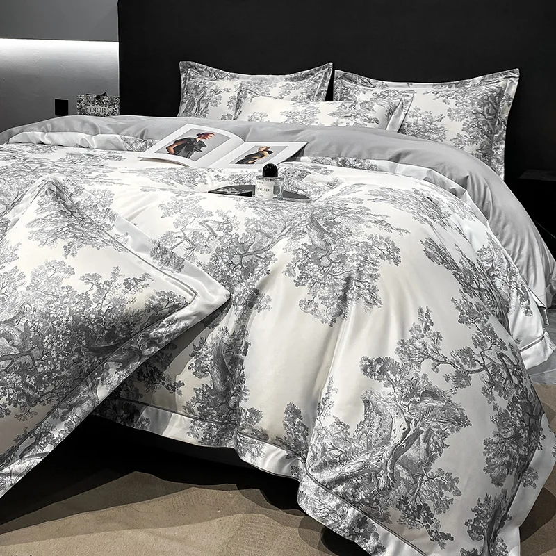 

Summer Ice Silk Four Piece Printed Tencel Bed Sheet and Duvet Cover Smooth Bare Sleeping Cool Feeling Silk