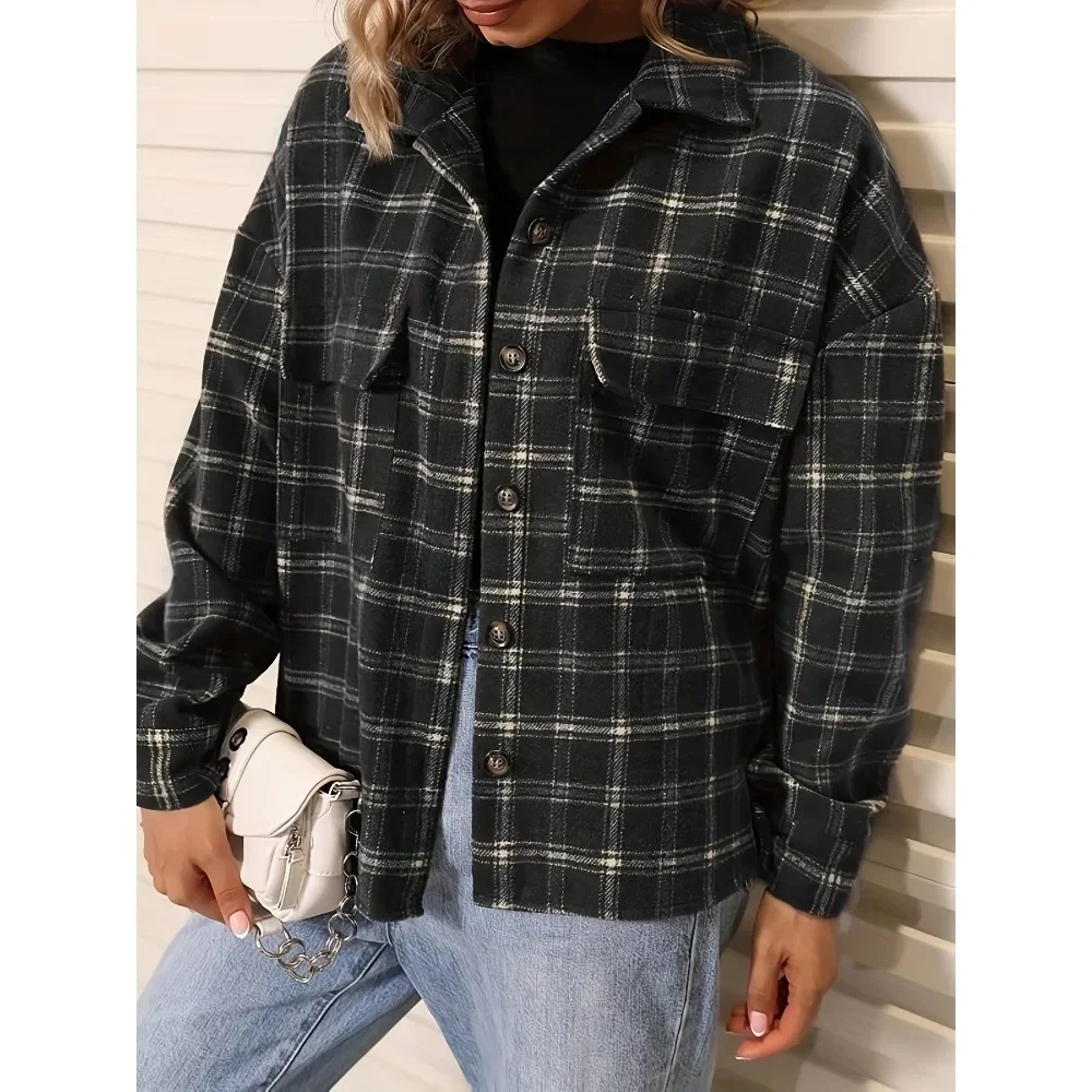 Chaqueta de talla grande 1XL-5XL para mujer, camisas con estampado a cuadros de manga larga para otoño e invierno, chaqueta tipo túnica informal con botones y cuello simulado