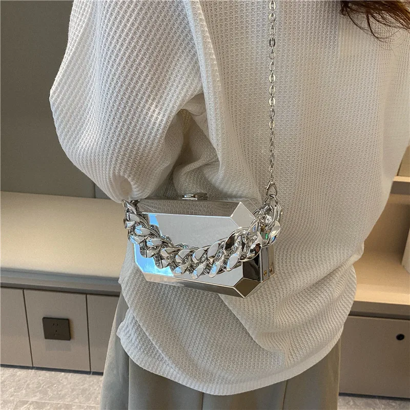 Metallic Box Bags for Women 2023 with Thick Chain Luxury Designer Handbag Hip Hop Party Fashion Mirror Small Shell Shoulder Bag