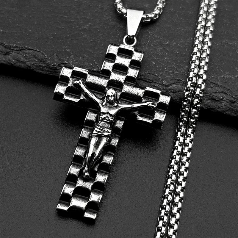 النمط الصناعي يسوع الصليب الدين قلادة قلادة للنساء الرجال الفولاذ المقاوم للصدأ الفضة اللون الشرير الذكور سلسلة تميمة المجوهرات #5