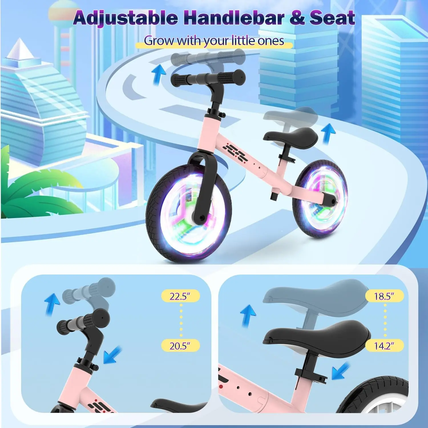 다채로운 조명 밸런스 자전거, 2 세, 2-5 세 유아 밸런스 자전거, 조절 가능한 핸들바 및 시트, 페달 없음, 2