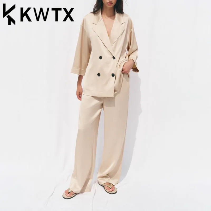 

KWTX Women’s 2PC Solid Color Suit Set Double Breasted Blazer & Trousers Retro Elegant High Quality Spring Summer 2025 Fashion