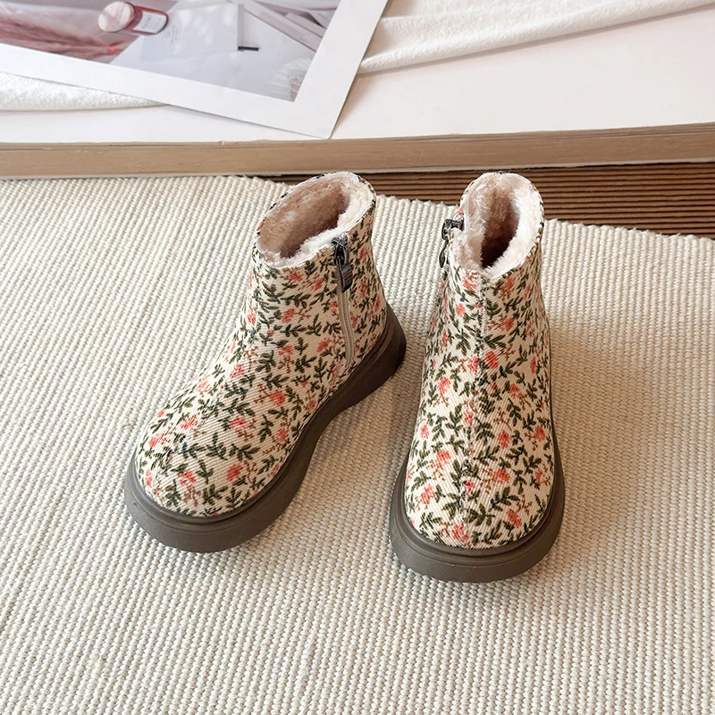 Winterstiefel für kleine Mädchen, mit Blumenmuster, aus Cord, mit weichem Innenfutter, Reißverschluss, klobiger, dicker Sohle, warme, bequeme Freizeitstiefel. – Detail 5