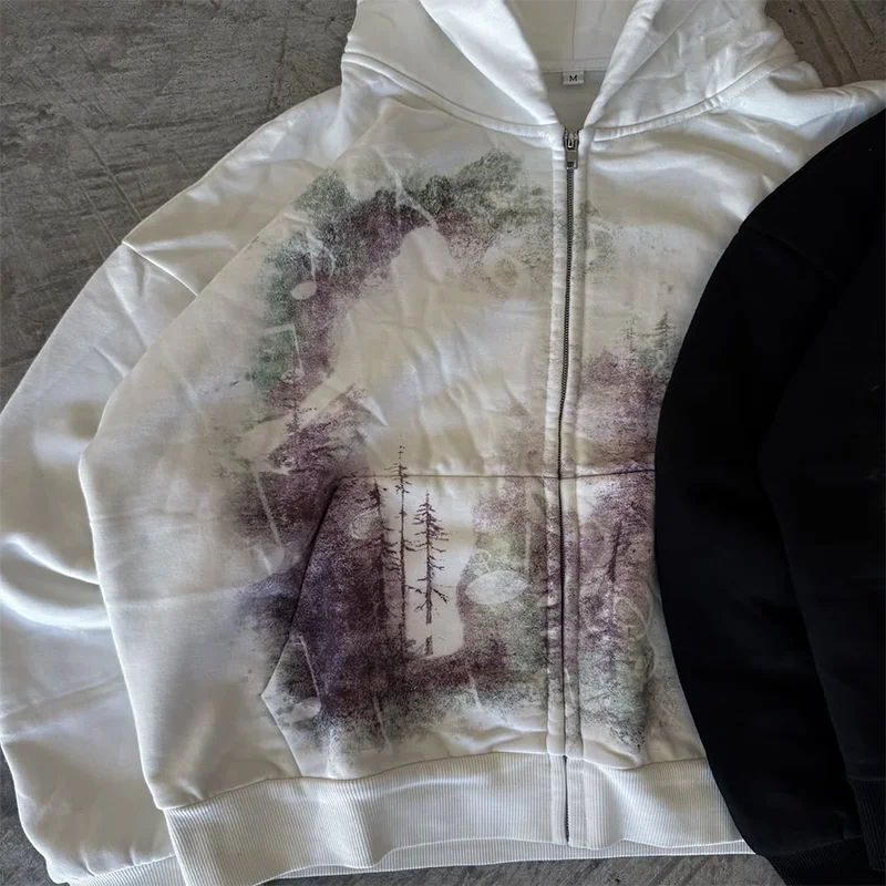 Y2K هوديي فضفاض غير رسمي طباعة المناظر الطبيعية الفنية موضة كم طويل زمم هوديي الرجال النساء خمر الشارع الشهير البلوز #3