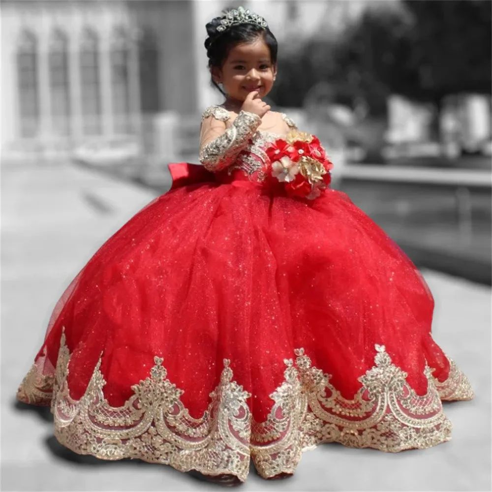 Red luxry Gold Appliqués Flower Girl Dress Tailing Party Wedding Ball Gown Evening Kids Dress Birthday Gifts