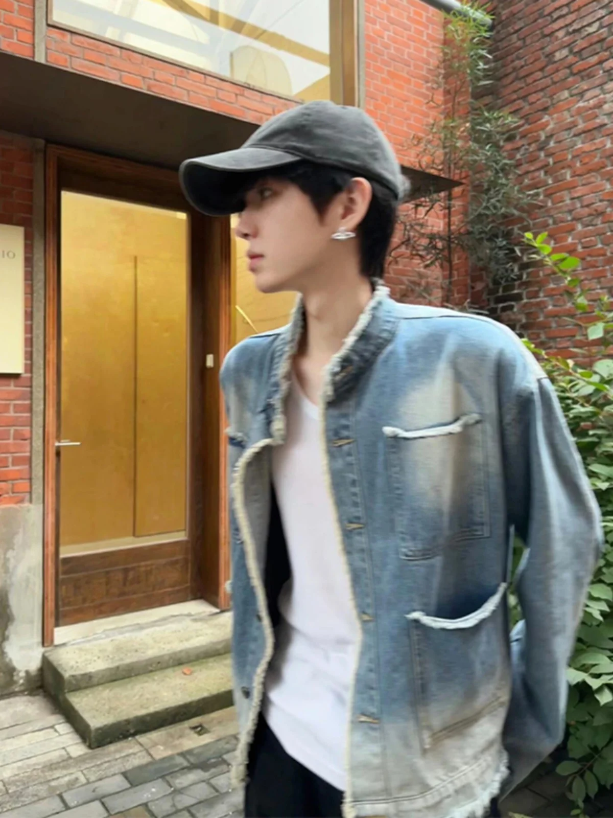 

Cleanfit ort Padded oulder Denim Jaet Men's Spring Autumn High-End Unique Design American Retro Workwear Jaet